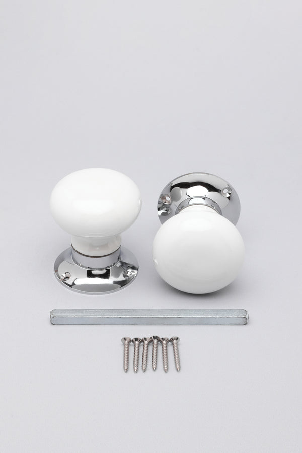 G Decor Perfect Edit White – Set Of Handcrafted Ceramic Mortice Door Handles Internal Turning Knobs For Bedroom & Room Doors With Chrome Base White