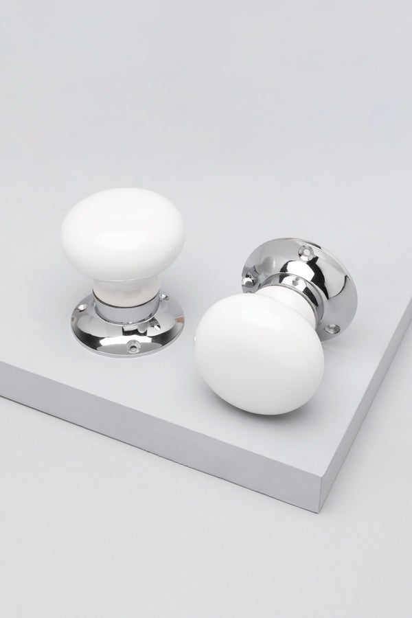 g decor Perfect Edit White – Set of Handcrafted Ceramic Mortice Door Handles Internal Turning Knobs for Bedroom & Room Doors with Chrome Base White