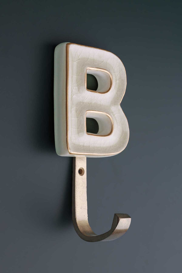 G Decor Personalised Handcrafted Monogram Alphabet Cream Crackle Glazed Hooks Hand-Painted Ceramic & Antique Finish Brass Letter Wall Coat Hooks