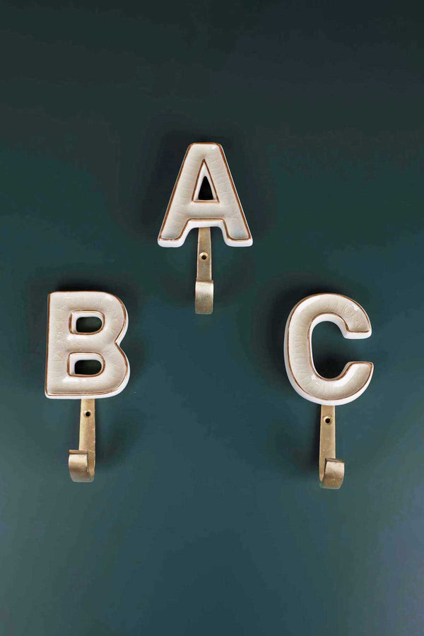 G Decor Personalised Handcrafted Monogram Alphabet Cream Crackle Glazed Hooks Hand-Painted Ceramic & Antique Finish Brass Letter Wall Coat Hooks