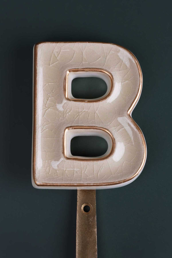 G Decor Personalised Handcrafted Monogram Alphabet Cream Crackle Glazed Hooks Hand-Painted Ceramic & Antique Finish Brass Letter Wall Coat Hooks