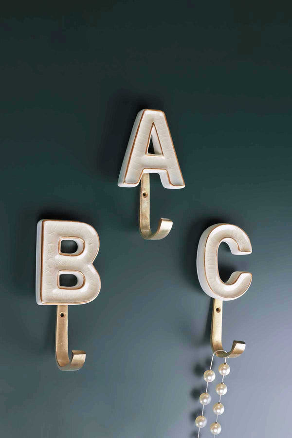 g decor Personalised Handcrafted Monogram Alphabet Cream Crackle Glazed Hooks Hand-Painted Ceramic & Antique Finish Brass Letter Wall Coat Hooks