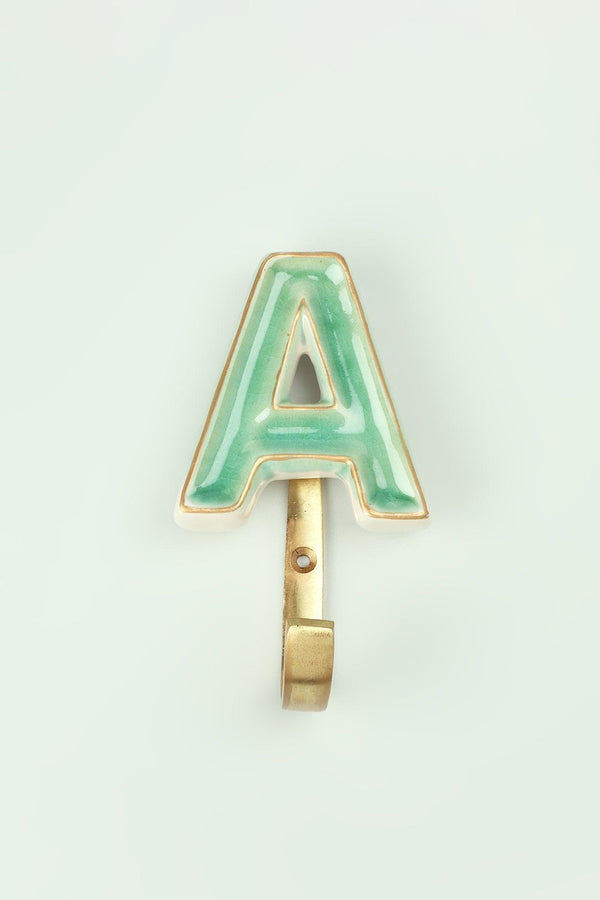 G Decor Personalised Handcrafted Monogram Alphabet Green Crackle Glazed Hooks Hand-Painted Ceramic & Antique Finish Brass Letter Wall Coat Hooks