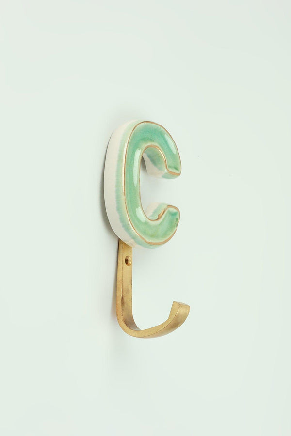 G Decor Personalised Handcrafted Monogram Alphabet Green Crackle Glazed Hooks Hand-Painted Ceramic & Antique Finish Brass Letter Wall Coat Hooks