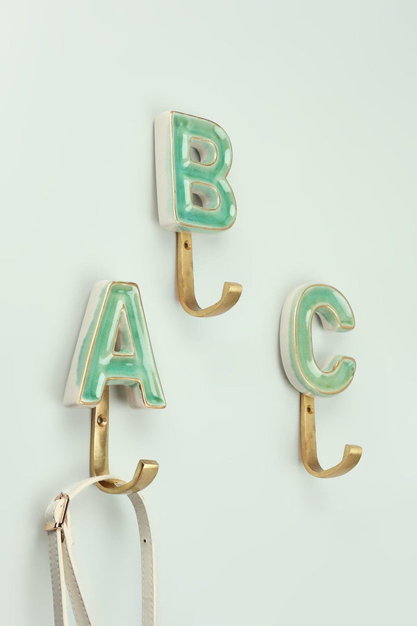 g decor Personalised Handcrafted Monogram Alphabet Green Crackle Glazed Hooks Hand-Painted Ceramic & Antique Finish Brass Letter Wall Coat Hooks