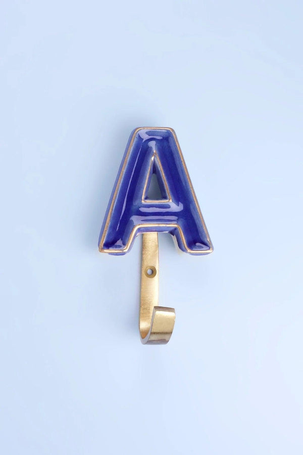 G Decor Personalised Handcrafted Monogram Alphabet Royal Blue Crackle Glazed Hooks Hand-Painted Ceramic & Antique Finish Brass Letter Wall Coat Hooks