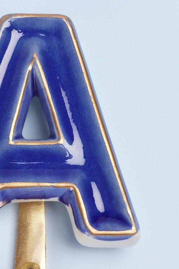 G Decor Personalised Handcrafted Monogram Alphabet Royal Blue Crackle Glazed Hooks Hand-Painted Ceramic & Antique Finish Brass Letter Wall Coat Hooks