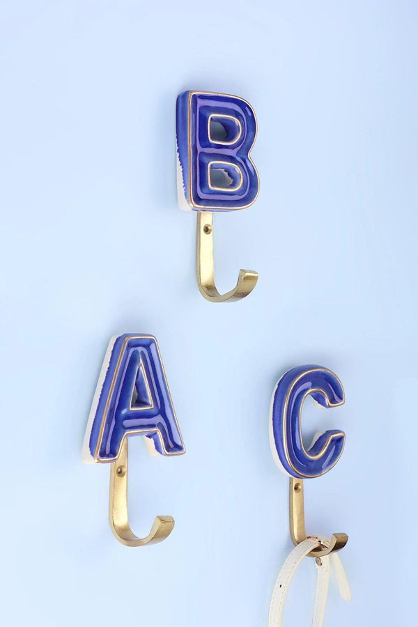 g decor Personalised Handcrafted Monogram Alphabet Royal Blue Crackle Glazed Hooks Hand-Painted Ceramic & Antique Finish Brass Letter Wall Coat Hooks