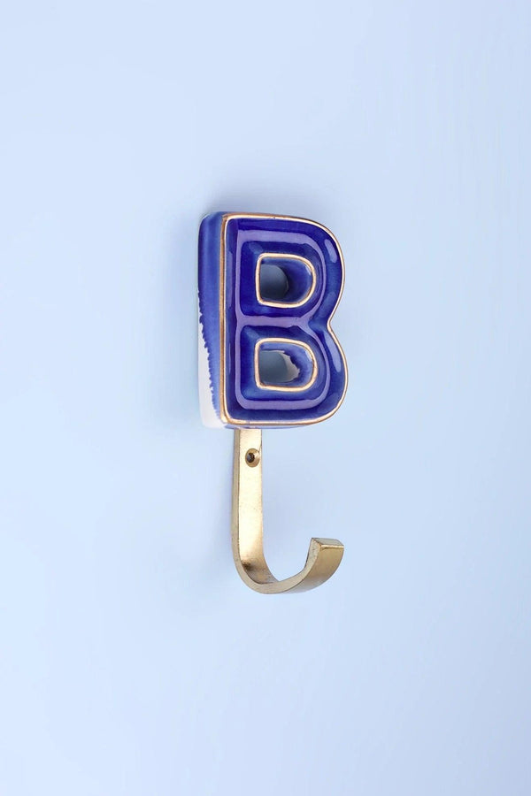 G Decor Personalised Handcrafted Monogram Alphabet Royal Blue Crackle Glazed Hooks Hand-Painted Ceramic & Antique Finish Brass Letter Wall Coat Hooks