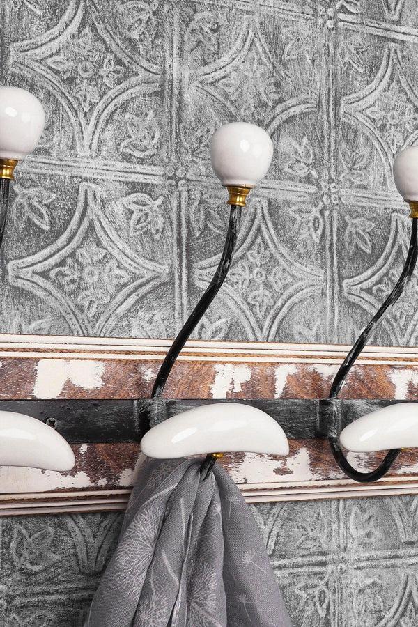G Decor Provence Large Whitewash Wall Hook Rack Handcrafted Wooden Rail With 5 Ceramic-Tipped Hooks White