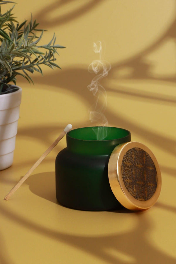 g decor Rasa Aranya Patchouli & Sweet Citrus Scented Candle in Frosted Green Glass Green