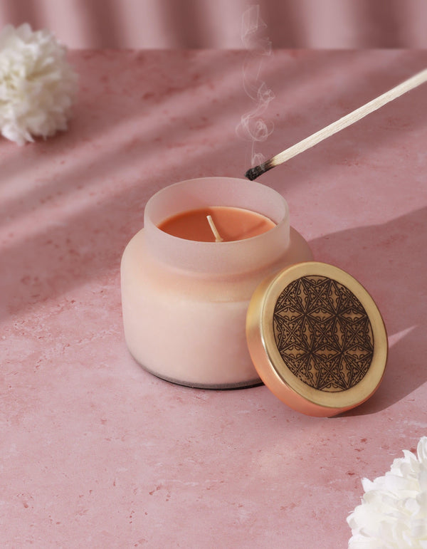 g decor Rasa Chandra Jasmine Scented Candle in Frosted White Glass Pink