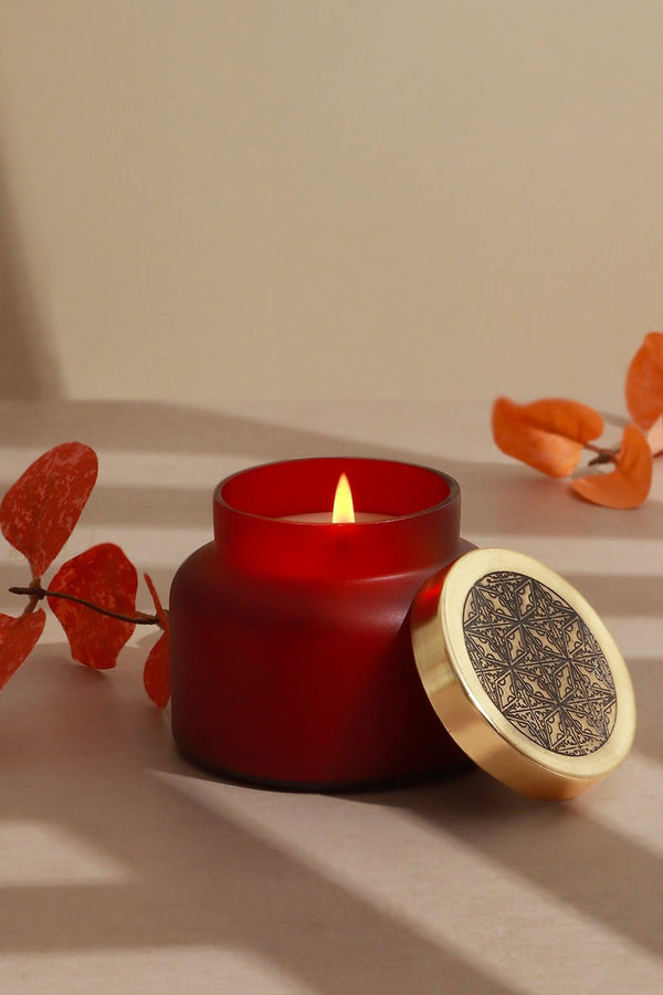 G Decor Rasa Ember Sandalwood Scented Candle In Frosted Red Glass Red