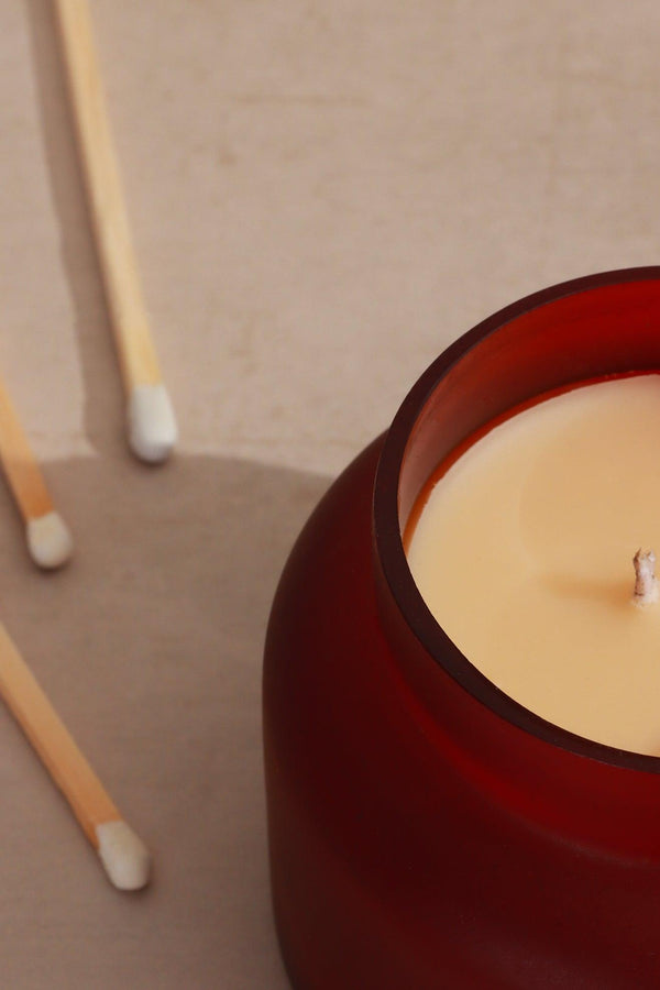 G Decor Rasa Ember Sandalwood Scented Candle In Frosted Red Glass Red