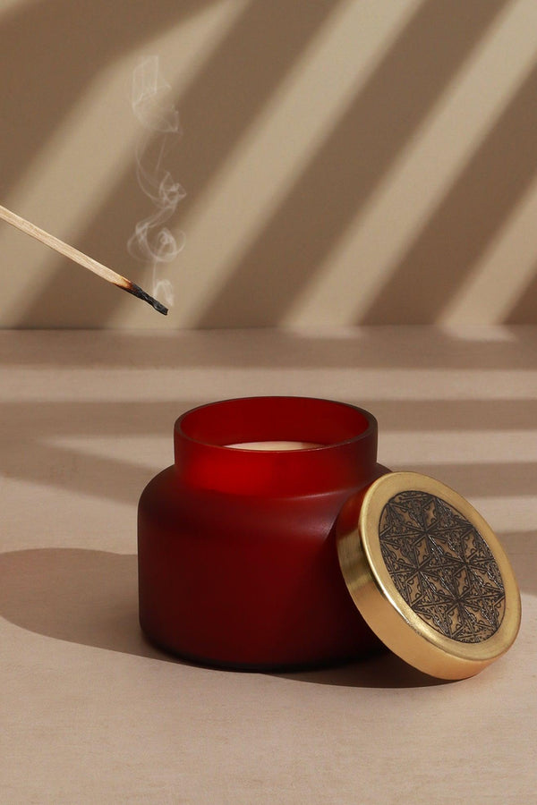 g decor Rasa Ember Sandalwood Scented Candle in Frosted Red Glass Red