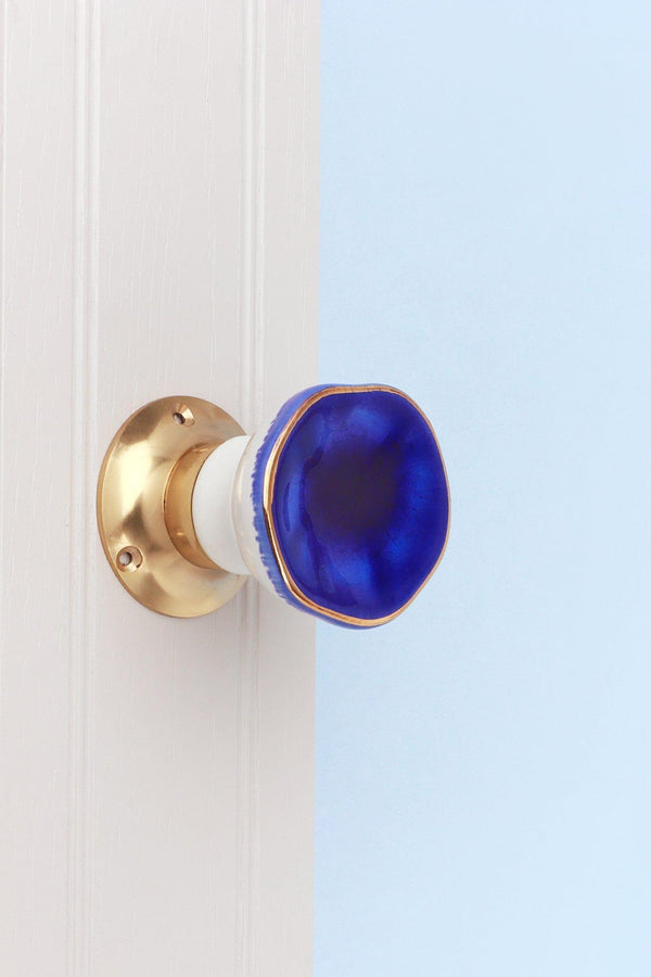 G Decor Rhodes Dark Blue Handcrafted & Hand-Painted Ceramic Mortice Door Knob Set With Crackle Glaze Finish & Solid Brass Base - Interior Door Set Blue
