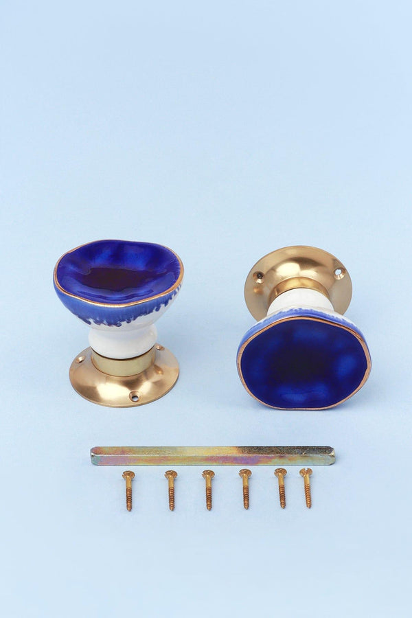 G Decor Rhodes Dark Blue Handcrafted & Hand-Painted Ceramic Mortice Door Knob Set With Crackle Glaze Finish & Solid Brass Base - Interior Door Set Blue