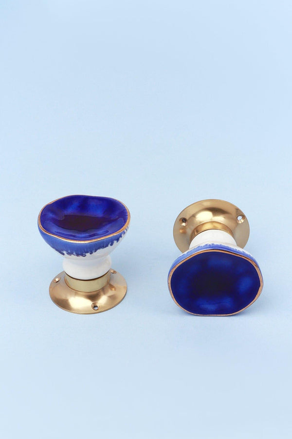 G Decor Rhodes Dark Blue Handcrafted & Hand-Painted Ceramic Mortice Door Knob Set With Crackle Glaze Finish & Solid Brass Base - Interior Door Set Blue