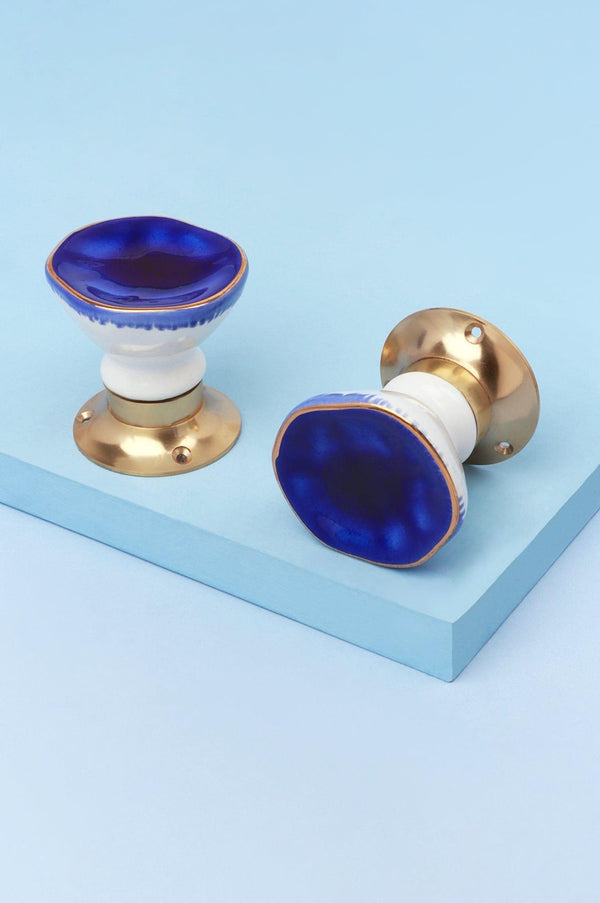 g decor Rhodes Dark Blue Handcrafted & Hand-Painted Ceramic Mortice Door Knob Set with Crackle Glaze Finish & Solid Brass Base - Interior Door Set Blue