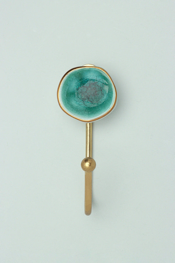 G Decor Rhodes Handmade & Handcrafted Ceramic Wall Hook Crackle Glaze With Brass Finish Blue