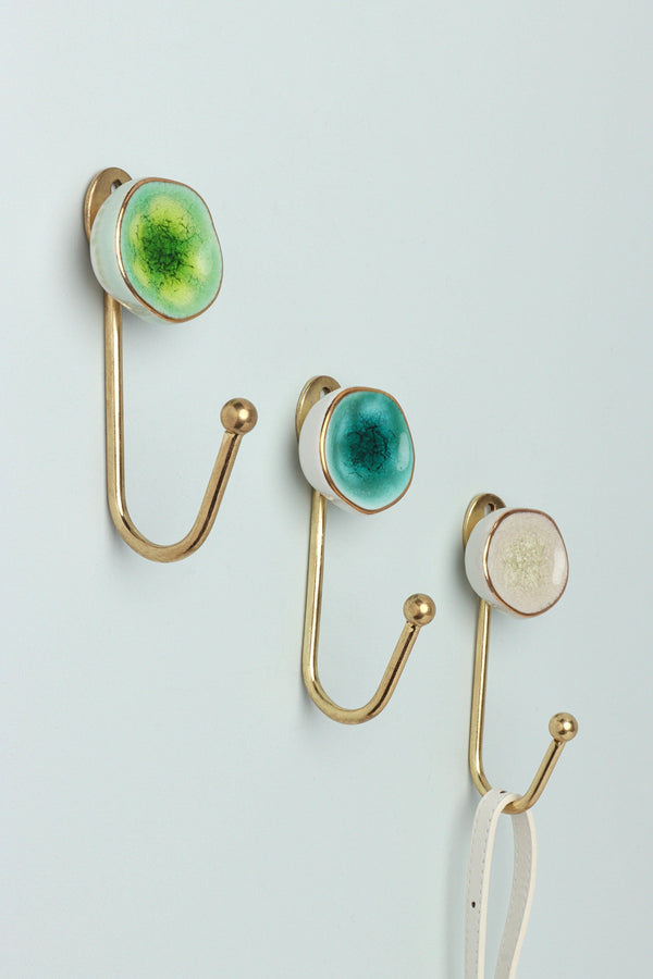 g decor Rhodes Handmade & Handcrafted Ceramic Wall Hook Crackle Glaze with Brass Finish Blue