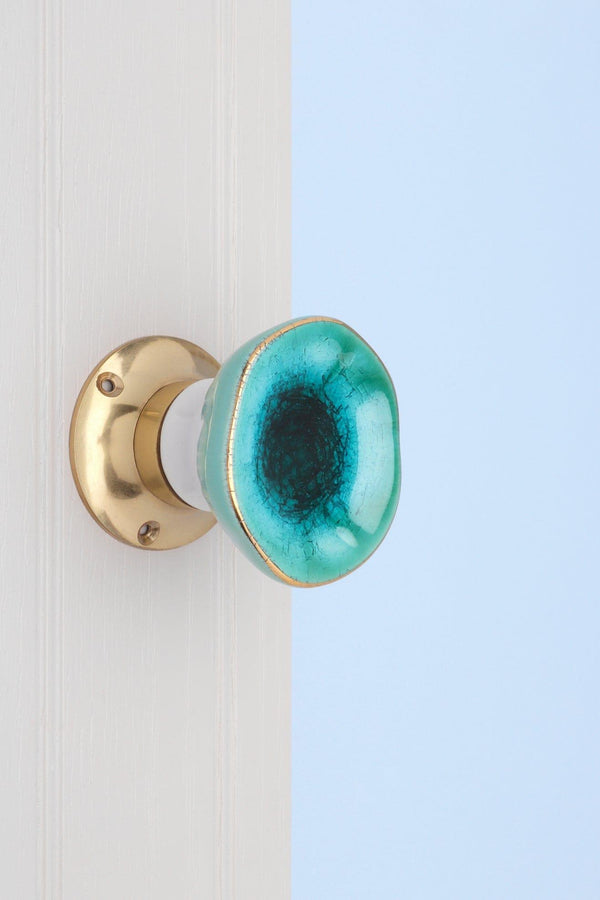 G Decor Rhodes Sea Blue Handcrafted & Hand-Painted Ceramic Mortice Door Knob Set With Crackle Glaze Finish & Solid Brass Base- Interior Door Set Sea Blue