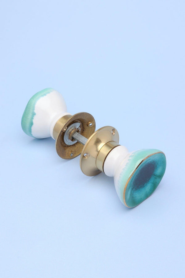 G Decor Rhodes Sea Blue Handcrafted & Hand-Painted Ceramic Mortice Door Knob Set With Crackle Glaze Finish & Solid Brass Base- Interior Door Set Sea Blue