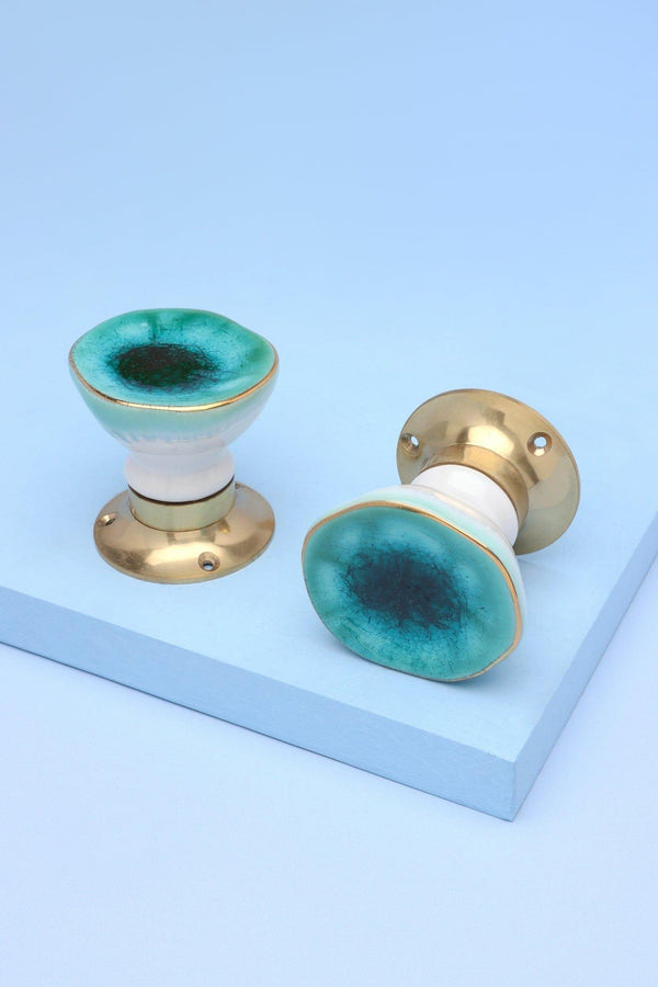g decor Rhodes Sea Blue Handcrafted & Hand-Painted Ceramic Mortice Door Knob Set with Crackle Glaze Finish & Solid Brass Base- Interior Door Set Sea Blue
