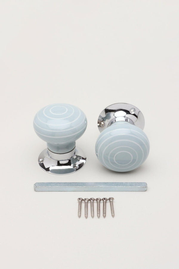 G Decor Ringbourne Handcrafted & Hand-Painted Grey Ceramic Mortice Door Handles With White Stripe Rings – Internal Turning Knobs For Bedroom Kitchen & Interior Doors With Chrome Base
