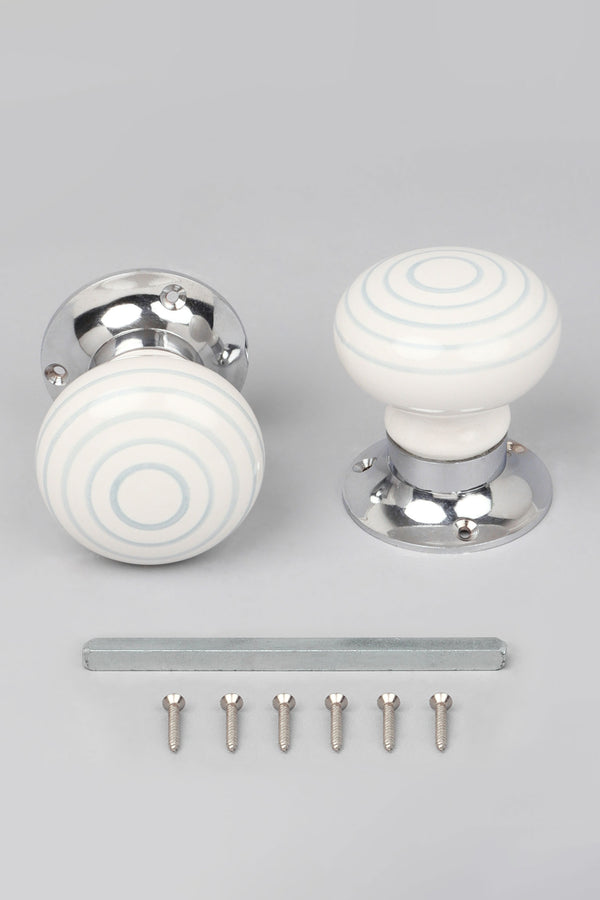 G Decor Ringbourne Handcrafted & Hand-Painted White Ceramic Mortice Door Handles With Grey Stripe Rings – Internal Turning Knobs For Bedroom Kitchen & Interior Doors With Chrome Base White