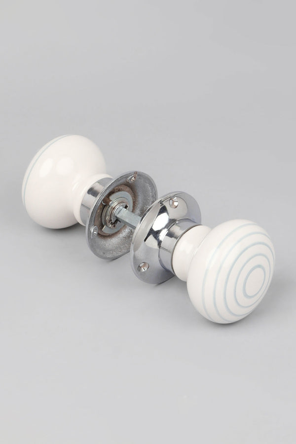 G Decor Ringbourne Handcrafted & Hand-Painted White Ceramic Mortice Door Handles With Grey Stripe Rings – Internal Turning Knobs For Bedroom Kitchen & Interior Doors With Chrome Base White