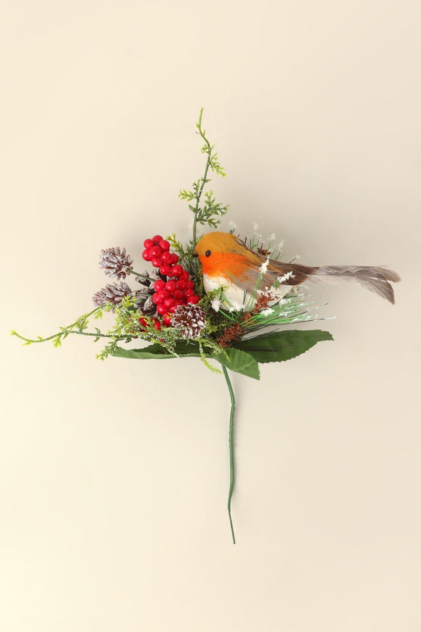 G Decor Robin On The Branch Festive Pick Winter Berries & Frosted Pinecone Decoration Red