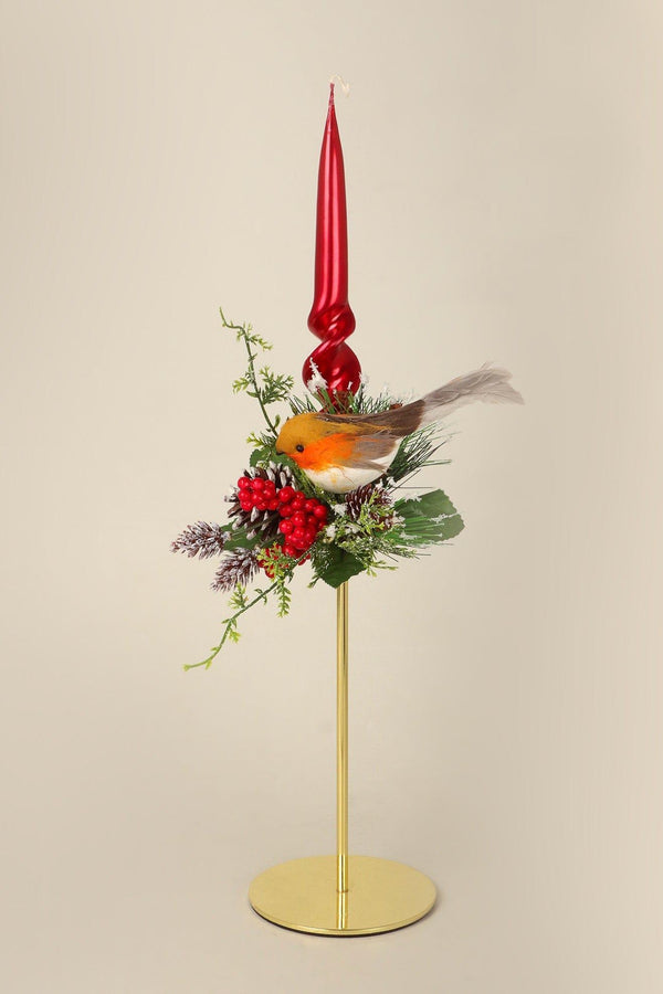 G Decor Robin On The Branch Festive Pick Winter Berries & Frosted Pinecone Decoration Red