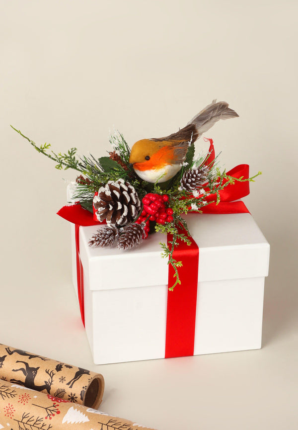 g decor Robin on the Branch Festive Pick Winter Berries & Frosted Pinecone Decoration Red