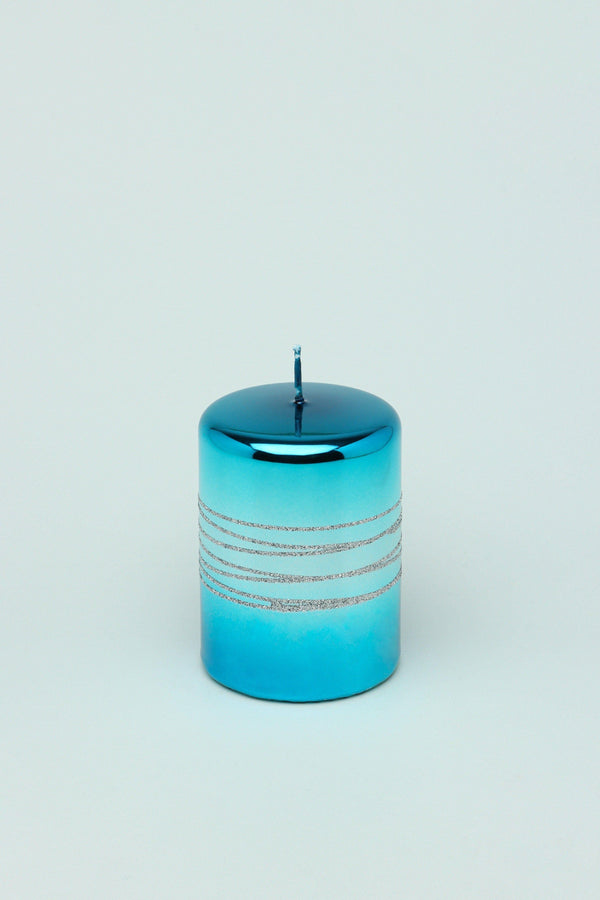 G Decor Roselane Mirror Glass Effect Limited Edition Hand-Finished Silver Stripe Glitter Pillar Candle – Oceanic Blue Set