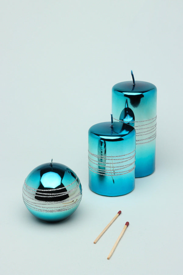 g decor Roselane Mirror Glass Effect Limited Edition Hand-Finished Silver Stripe Glitter Pillar Candle – Oceanic Blue Set