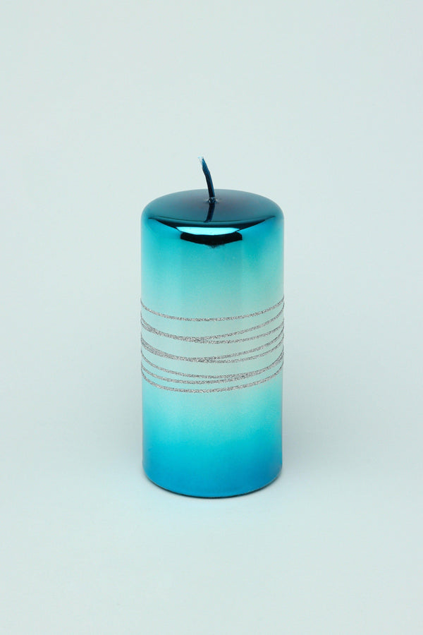 G Decor Roselane Mirror Glass Effect Limited Edition Hand-Finished Silver Stripe Glitter Pillar Candle – Oceanic Blue Set