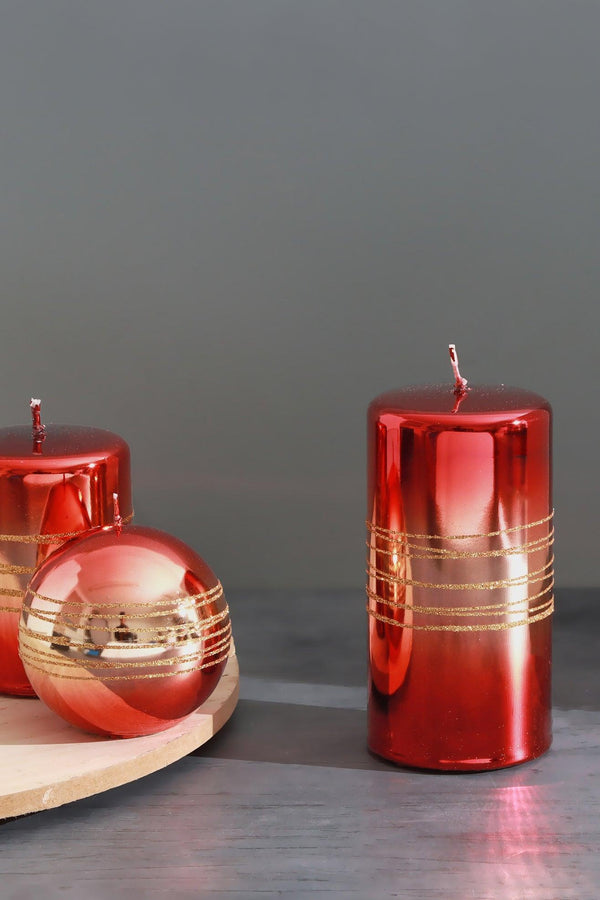 g decor Roselane Mirror Glass Effect Limited Edition Hand-Finished Gold Stripe Glitter Pillar Candle – Crimson Red Ball