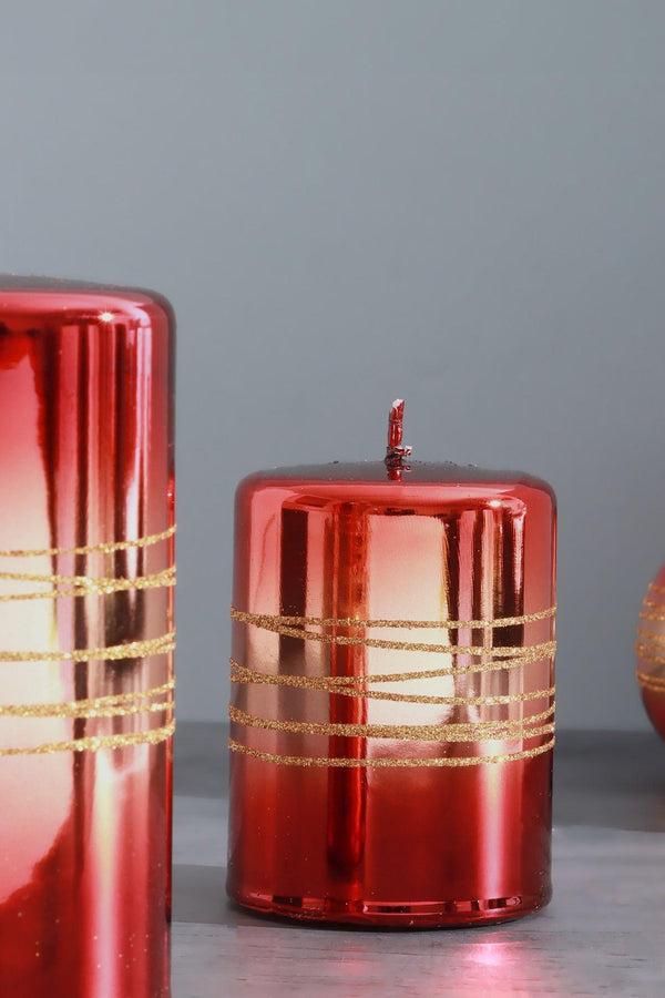 G Decor Roselane Mirror Glass Effect Limited Edition Hand-Finished Gold Stripe Glitter Pillar Candle – Crimson Red Ball