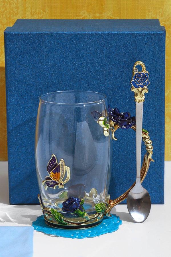 g decor Royal Blue Handcrafted Rose Gift Set Glass Mug with Spoon & Coaster in Elegant Gift Box Blue