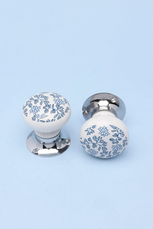 G Decor Royal Blue Pattern Ceramic Mortice Door Handles Set – Handcrafted Internal Turning Knobs For Bedroom Kitchen & Interior Doors With Chrome Base Blue