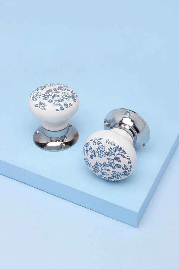g decor Royal Blue Pattern Ceramic Mortice Door Handles Set – Handcrafted Internal Turning Knobs for Bedroom Kitchen & Interior Doors with Chrome Base Blue