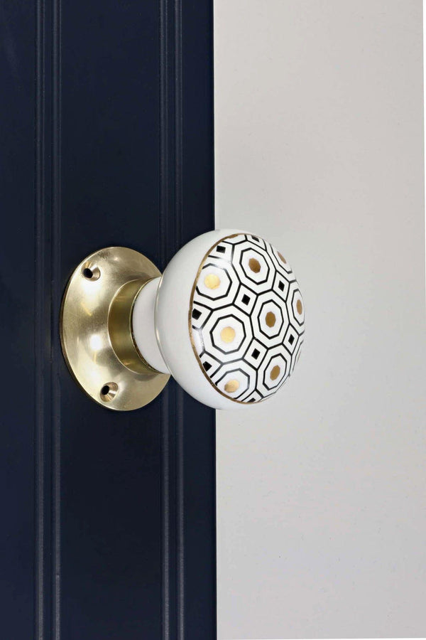 G Decor Royal Gold I – Handcrafted Ceramic Mortice Door Knob Set With Brass Base – Honeycomb Pattern For Interior Room Doors Gold