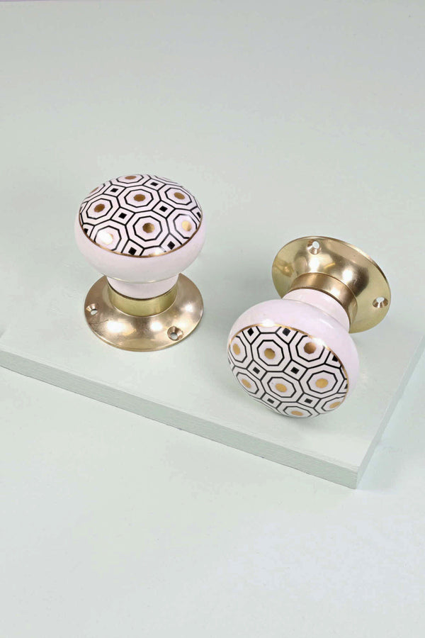 g decor Royal Gold I – Handcrafted Ceramic Mortice Door Knob Set with Brass Base – Honeycomb Pattern for Interior Room Doors Gold