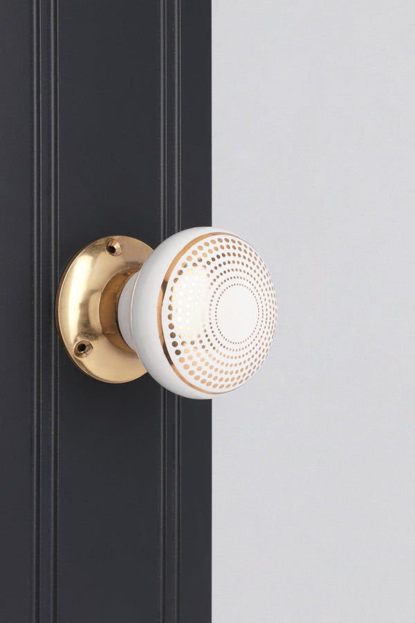 G Decor Royal Gold III – Handcrafted Ceramic Mortice Door Knob Set With Brass Base – Dotted Circle Pattern For Interior Room Doors Gold