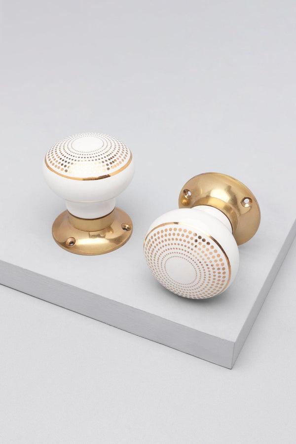 g decor Royal Gold III – Handcrafted Ceramic Mortice Door Knob Set with Brass Base – Dotted Circle Pattern for Interior Room Doors Gold