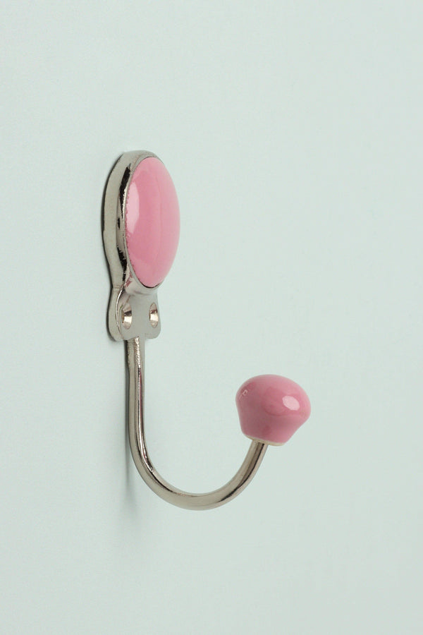 G Decor Savoy Handcrafted Ceramic Wall Hook Sorbet Tones Coat Hanger With Chrome Detail Pink