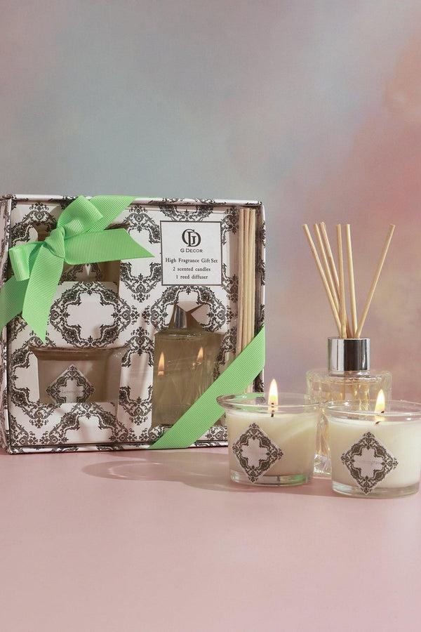 g decor Scented Botanique Lemongrass Hand-Poured Soy Wax Gift Set Candles & Reed Diffuser in Glass Jars White
