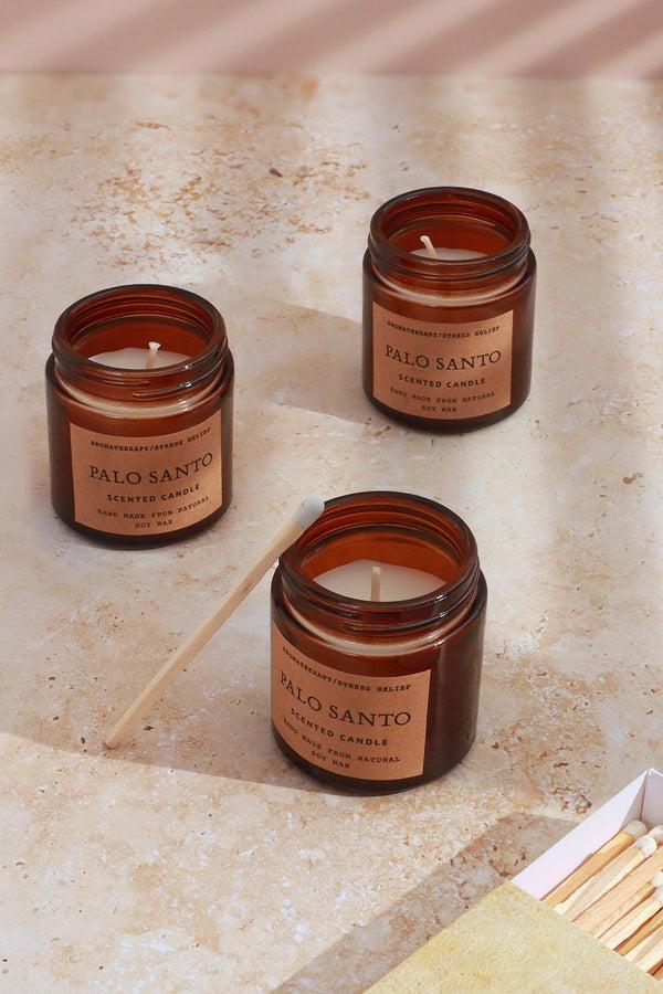 G Decor Serene Rituals Handmade Set Of 3 Palo Santo Scented Candles Gift Set With Essential Oils In Amber Glass Jars Set Of Three