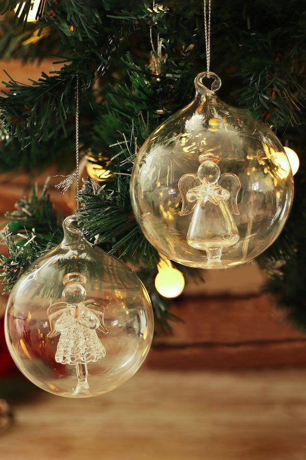 g decor Set of 2 Hand-Blown Glass Angel Christmas Tree Baubles Clear Hanging Ornaments Clear